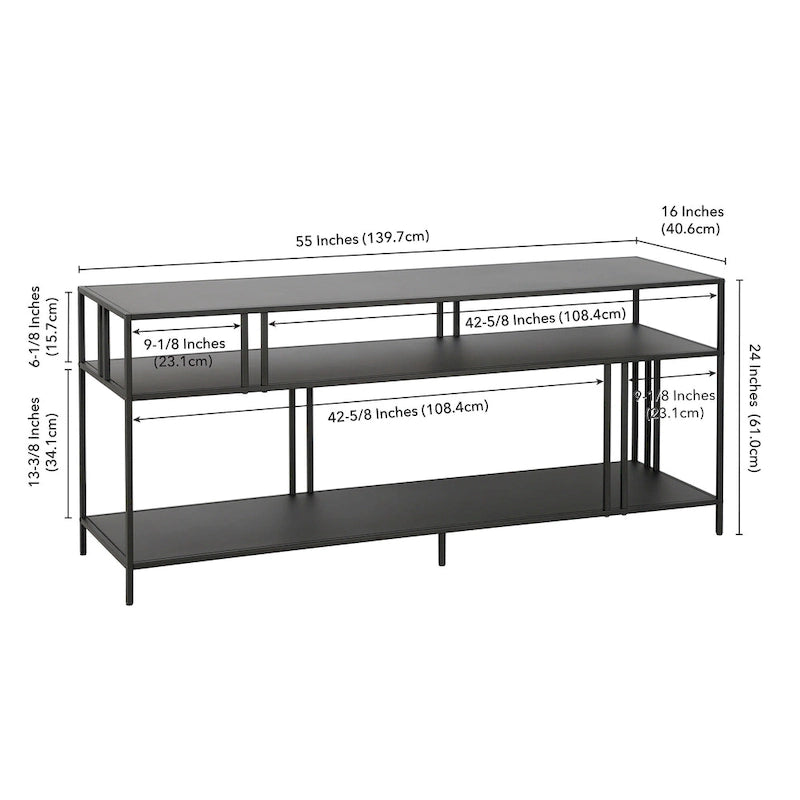 Industrial Steel Two-Tier TV Stand with Tempered Glass Shelves