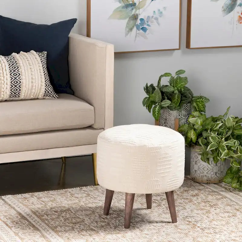 Cream Round Cotton Upholstered Stool
