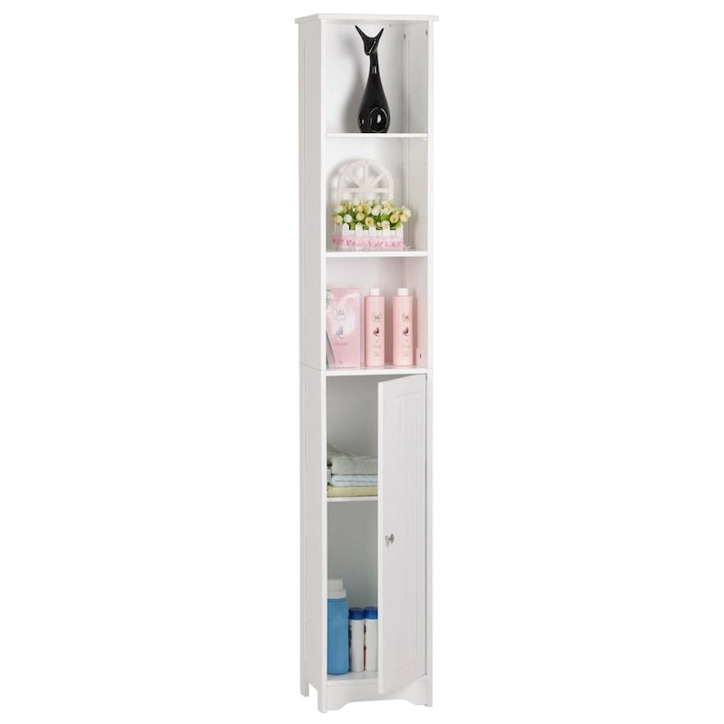 White MDF Bathroom Storage Cabinet with 1 Door and 5 Shelves