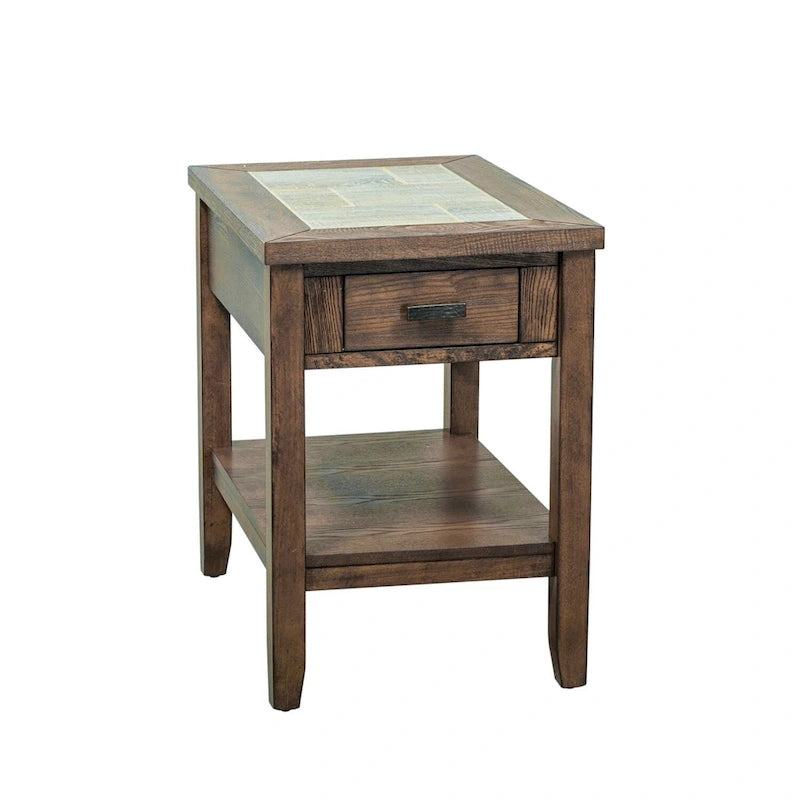 Tobacco Chair Side Table with Ceramic Tile Top and Drawer