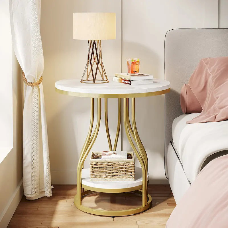 Round Side Table White Gold End Table 2-Tier End Table Modern Bedside Table Small Side Table with Storage for Living Room