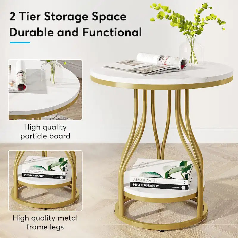 Round Side Table White Gold End Table 2-Tier End Table Modern Bedside Table Small Side Table with Storage for Living Room