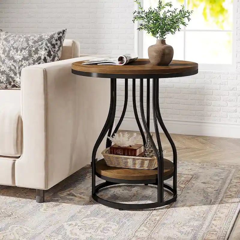 Round Side Table White Gold End Table 2-Tier End Table Modern Bedside Table Small Side Table with Storage for Living Room