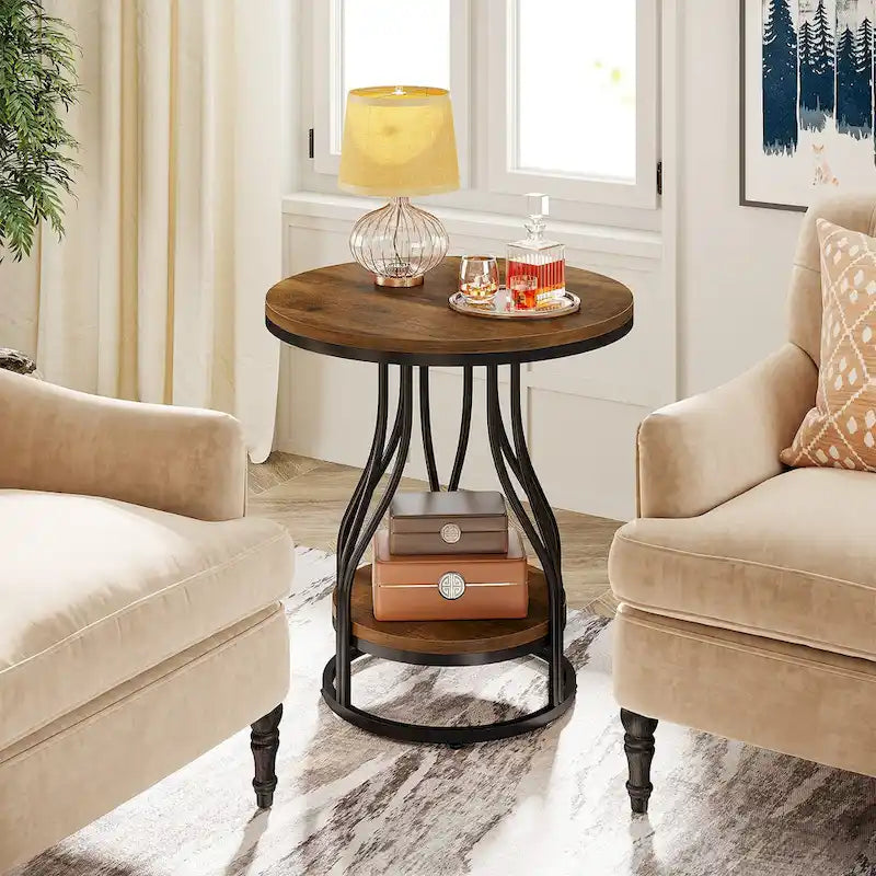 Round Side Table White Gold End Table 2-Tier End Table Modern Bedside Table Small Side Table with Storage for Living Room