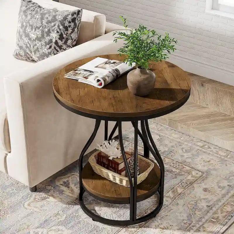 Round Side Table White Gold End Table 2-Tier End Table Modern Bedside Table Small Side Table with Storage for Living Room