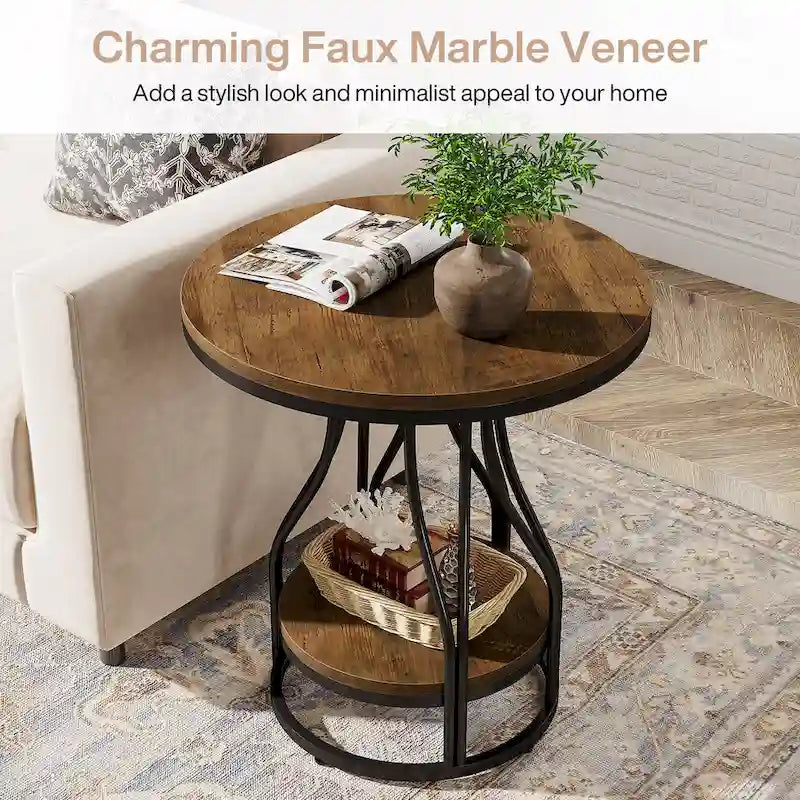 Round Side Table White Gold End Table 2-Tier End Table Modern Bedside Table Small Side Table with Storage for Living Room
