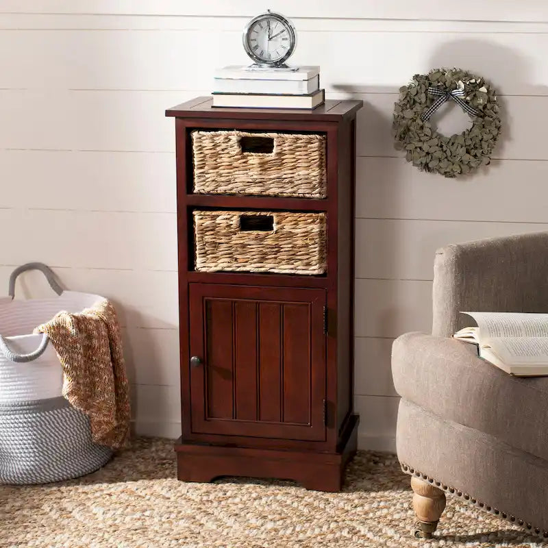 Distressed Black Pine Storage Cabinet with Wicker Baskets - 16"W x 12"D x 35"H