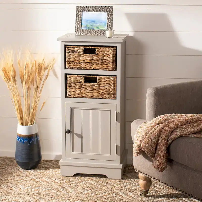 Distressed Black Pine Storage Cabinet with Wicker Baskets - 16"W x 12"D x 35"H