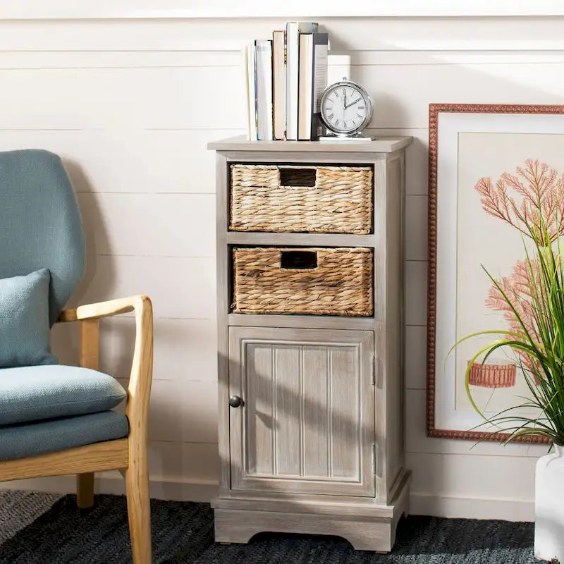 Distressed Black Pine Storage Cabinet with Wicker Baskets - 16"W x 12"D x 35"H
