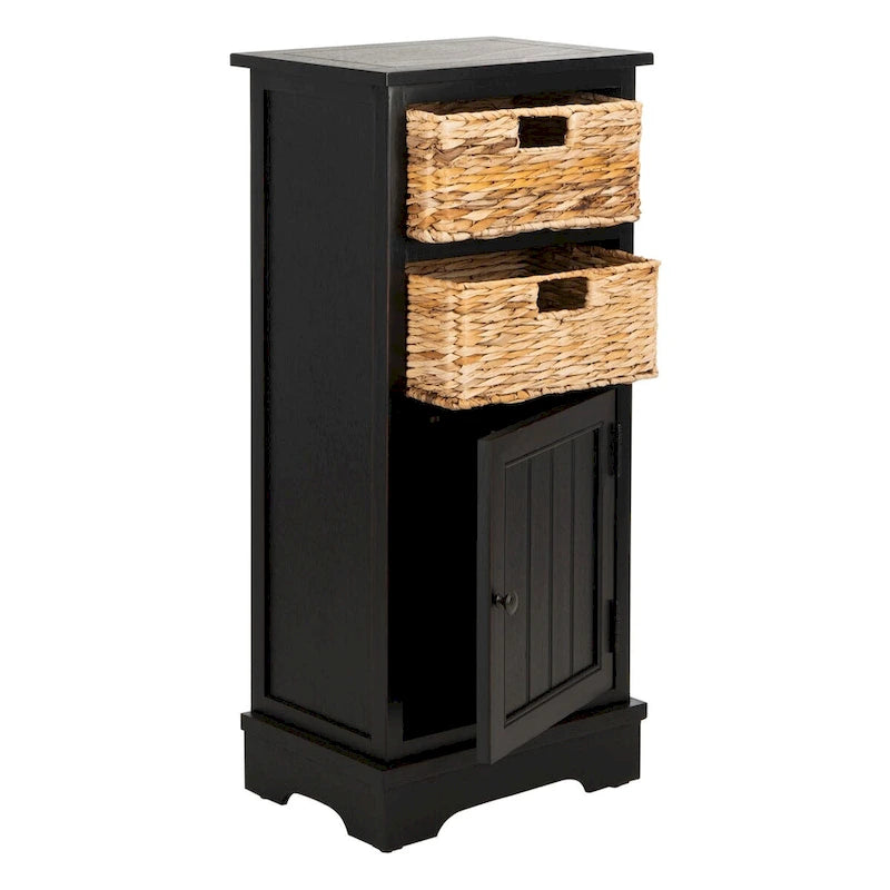 Distressed Black Pine Storage Cabinet with Wicker Baskets - 16"W x 12"D x 35"H