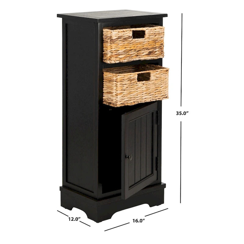 Distressed Black Pine Storage Cabinet with Wicker Baskets - 16"W x 12"D x 35"H