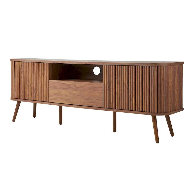 70" Farmhouse Curved TV Stand with Drawer, Storage Doors & Cable Management