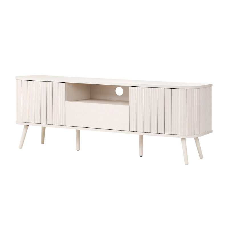 70" Farmhouse Curved TV Stand with Drawer, Storage Doors & Cable Management