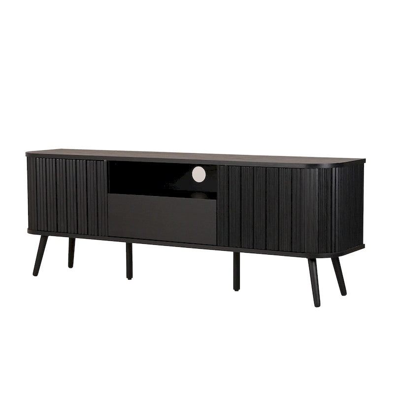 70" Farmhouse Curved TV Stand with Drawer, Storage Doors & Cable Management