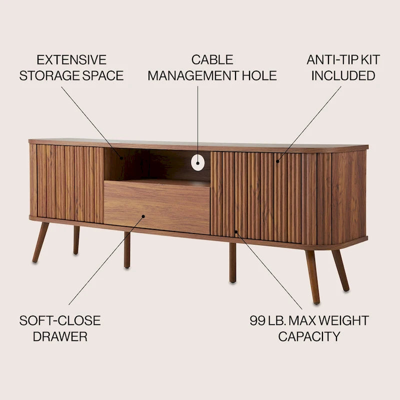 70" Farmhouse Curved TV Stand with Drawer, Storage Doors & Cable Management