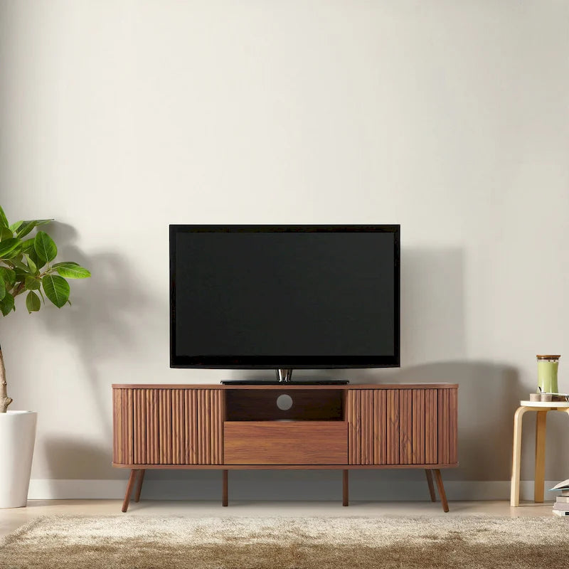 70" Farmhouse Curved TV Stand with Drawer, Storage Doors & Cable Management