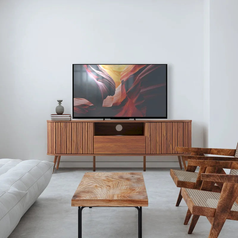 70" Farmhouse Curved TV Stand with Drawer, Storage Doors & Cable Management
