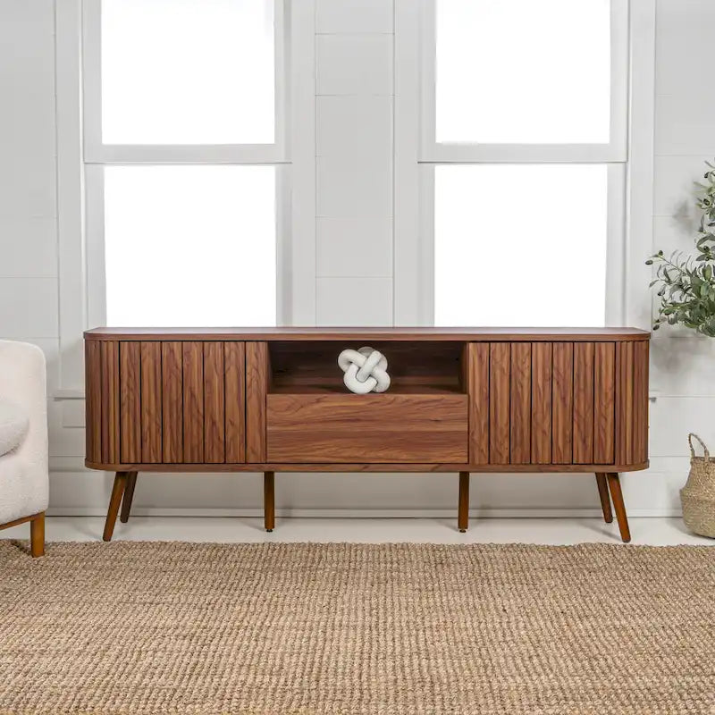 70" Farmhouse Curved TV Stand with Drawer, Storage Doors & Cable Management