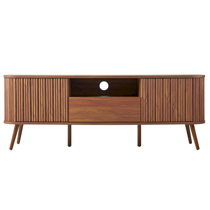 70" Farmhouse Curved TV Stand with Drawer, Storage Doors & Cable Management