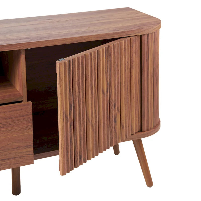 70" Farmhouse Curved TV Stand with Drawer, Storage Doors & Cable Management