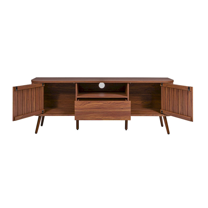 70" Farmhouse Curved TV Stand with Drawer, Storage Doors & Cable Management
