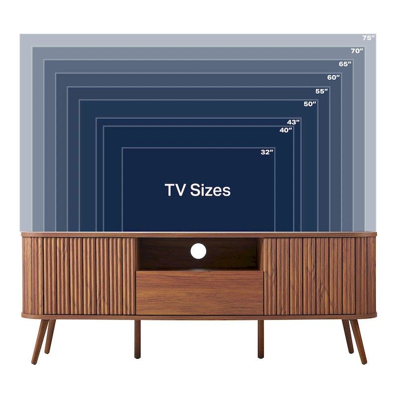 70" Farmhouse Curved TV Stand with Drawer, Storage Doors & Cable Management