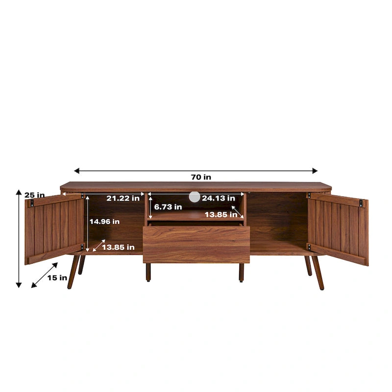 70" Farmhouse Curved TV Stand with Drawer, Storage Doors & Cable Management