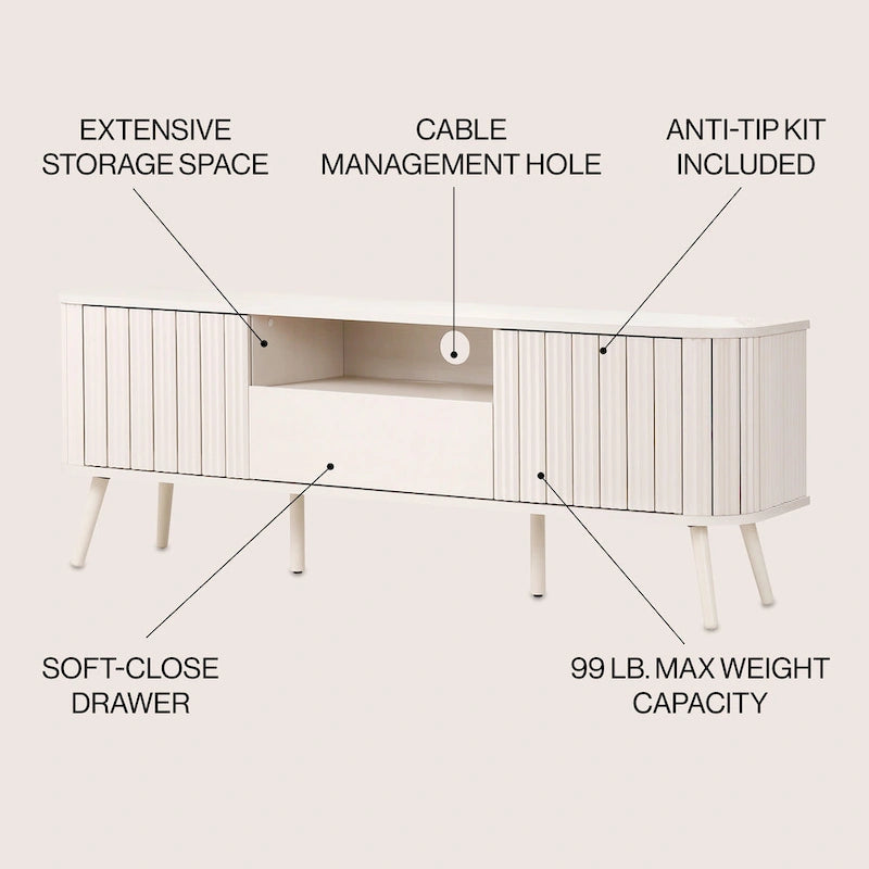 70" Farmhouse Curved TV Stand with Drawer, Storage Doors & Cable Management