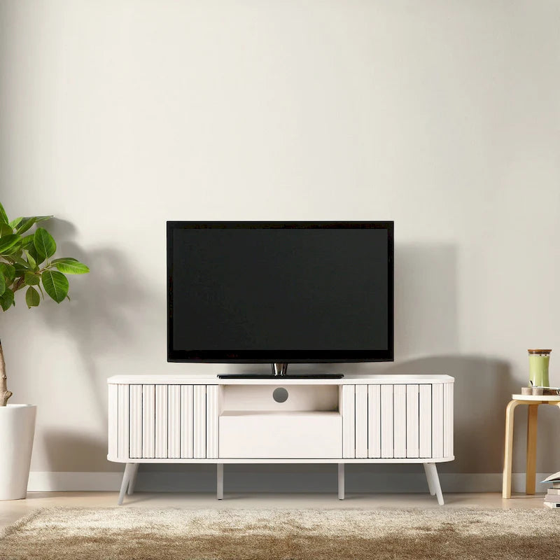 70" Farmhouse Curved TV Stand with Drawer, Storage Doors & Cable Management