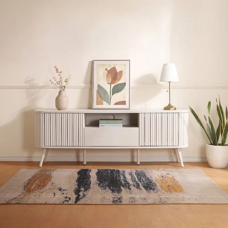 70" Farmhouse Curved TV Stand with Drawer, Storage Doors & Cable Management