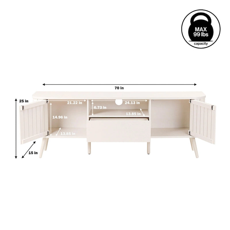 70" Farmhouse Curved TV Stand with Drawer, Storage Doors & Cable Management