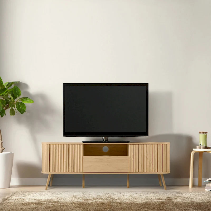 70" Farmhouse Curved TV Stand with Drawer, Storage Doors & Cable Management