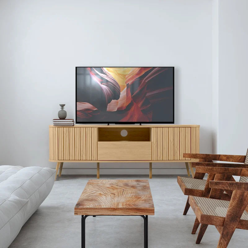 70" Farmhouse Curved TV Stand with Drawer, Storage Doors & Cable Management