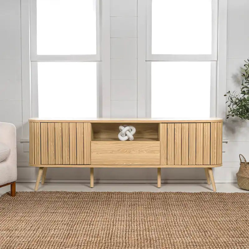 70" Farmhouse Curved TV Stand with Drawer, Storage Doors & Cable Management