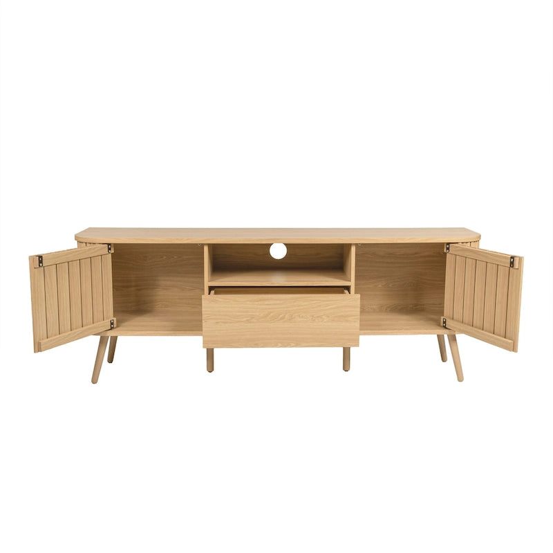 70" Farmhouse Curved TV Stand with Drawer, Storage Doors & Cable Management
