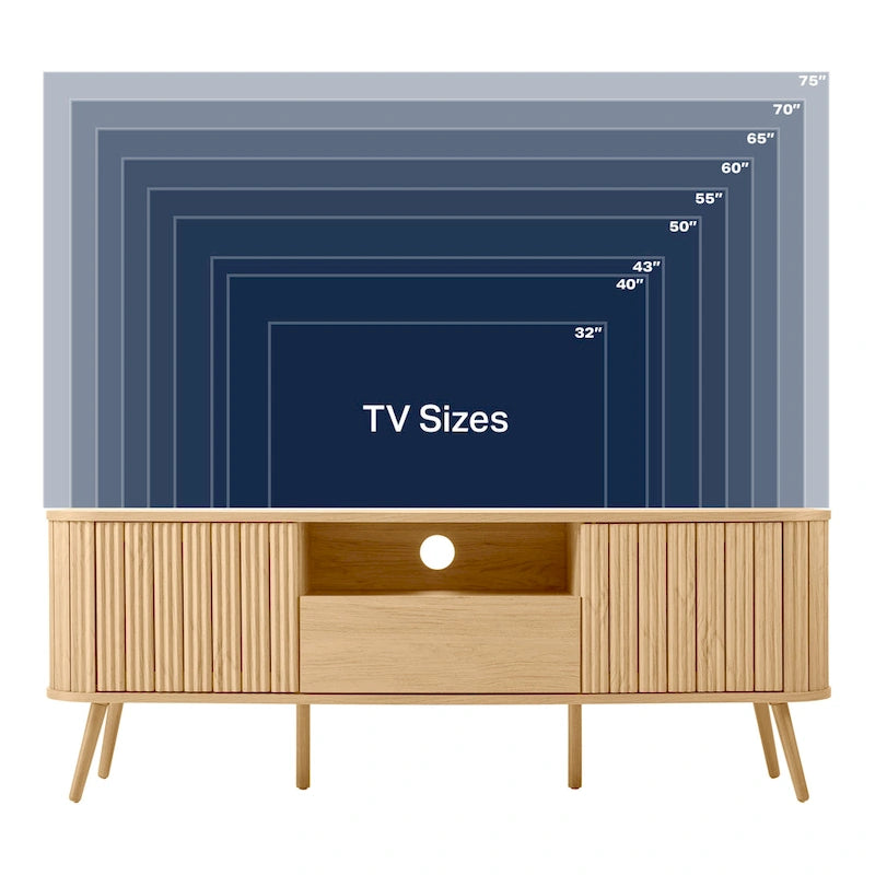 70" Farmhouse Curved TV Stand with Drawer, Storage Doors & Cable Management