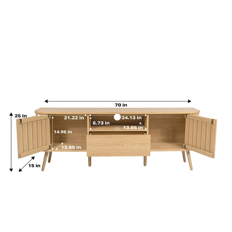 70" Farmhouse Curved TV Stand with Drawer, Storage Doors & Cable Management