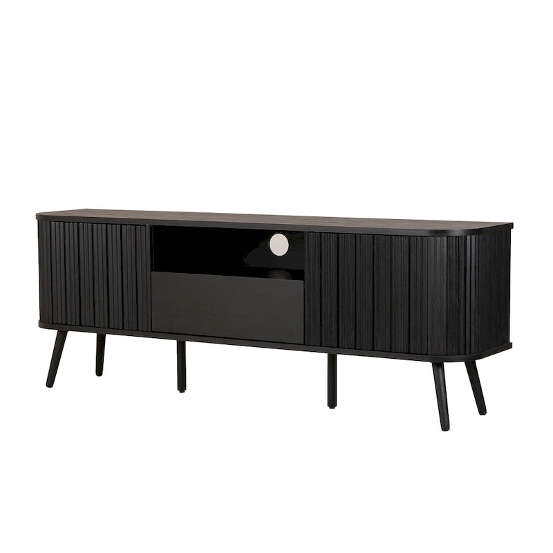 70" Farmhouse Curved TV Stand with Drawer, Storage Doors & Cable Management
