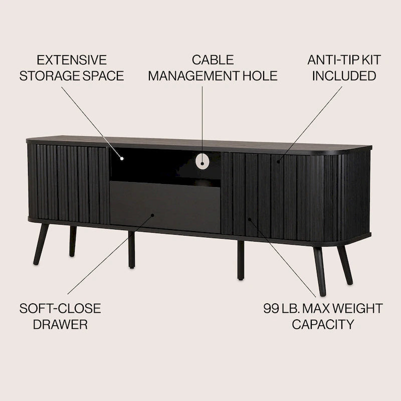 70" Farmhouse Curved TV Stand with Drawer, Storage Doors & Cable Management
