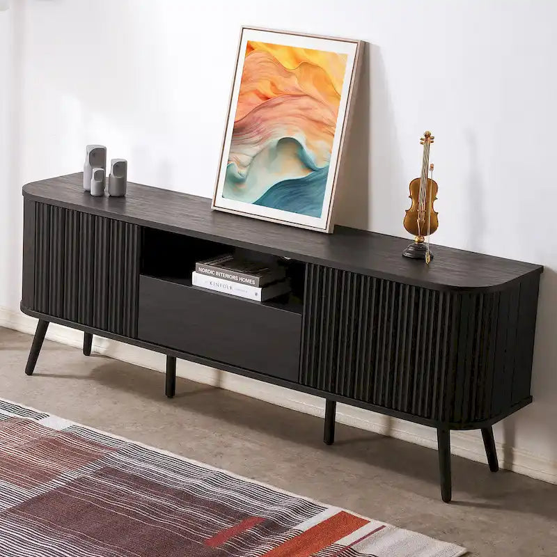 70" Farmhouse Curved TV Stand with Drawer, Storage Doors & Cable Management