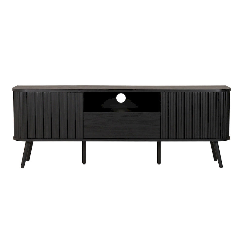 70" Farmhouse Curved TV Stand with Drawer, Storage Doors & Cable Management