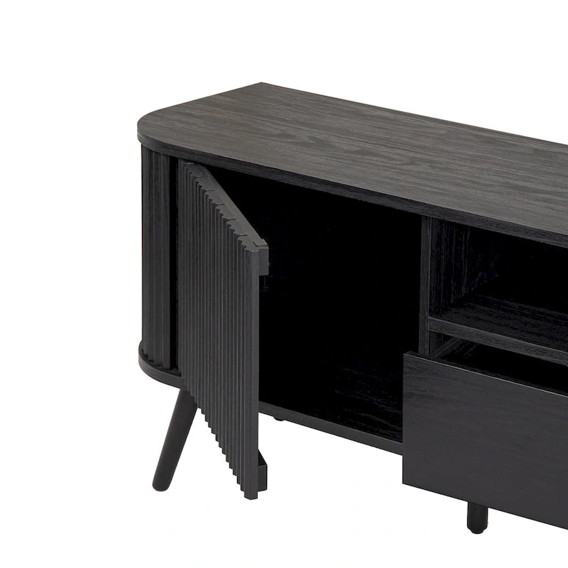 70" Farmhouse Curved TV Stand with Drawer, Storage Doors & Cable Management