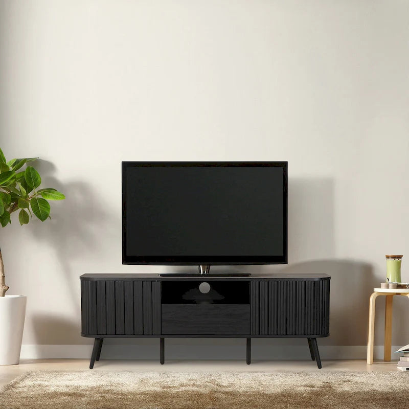 70" Farmhouse Curved TV Stand with Drawer, Storage Doors & Cable Management