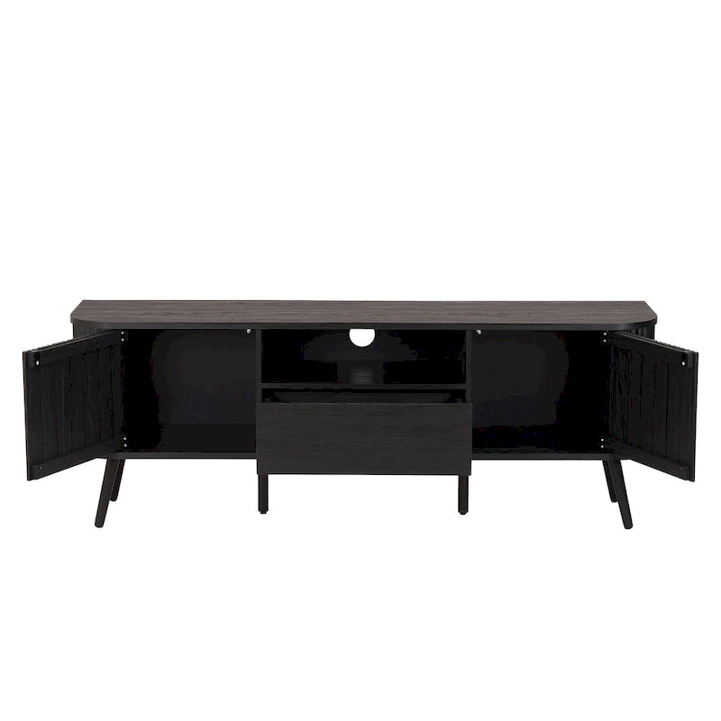 70" Farmhouse Curved TV Stand with Drawer, Storage Doors & Cable Management