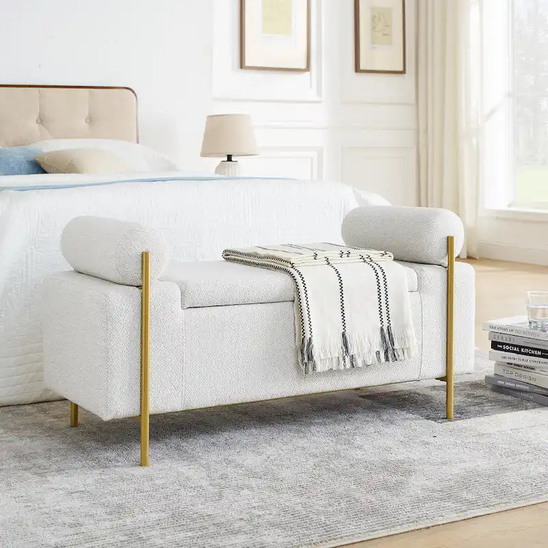Linen Upholstered Storage Bench with Cylindrical Arms and Iron Legs