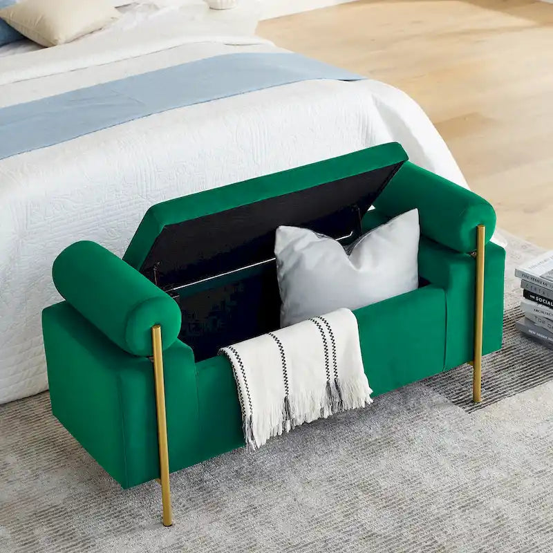 Linen Upholstered Storage Bench with Cylindrical Arms and Iron Legs