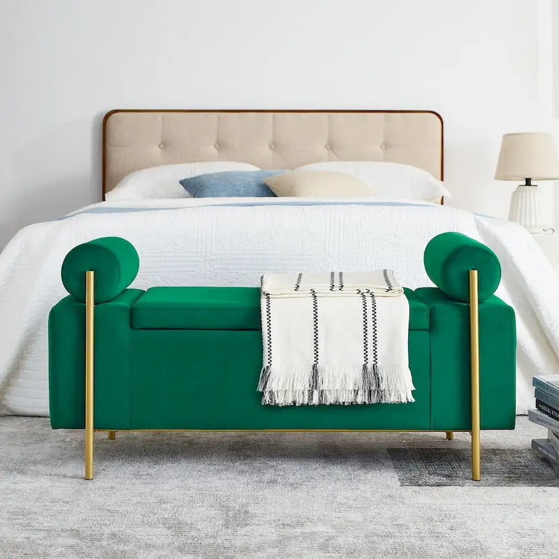 Linen Upholstered Storage Bench with Cylindrical Arms and Iron Legs