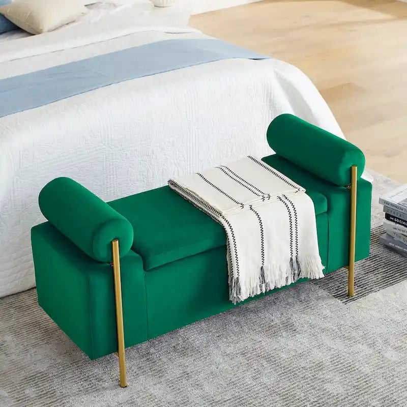 Linen Upholstered Storage Bench with Cylindrical Arms and Iron Legs