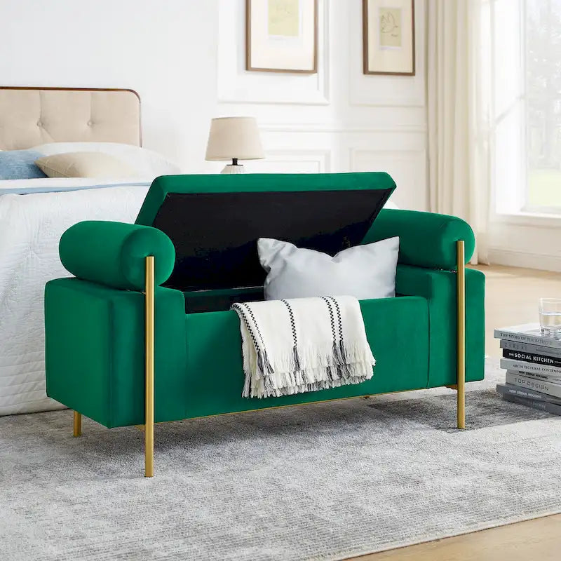 Linen Upholstered Storage Bench with Cylindrical Arms and Iron Legs