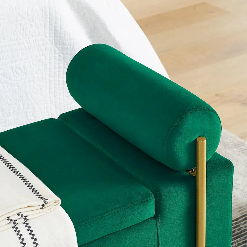 Linen Upholstered Storage Bench with Cylindrical Arms and Iron Legs
